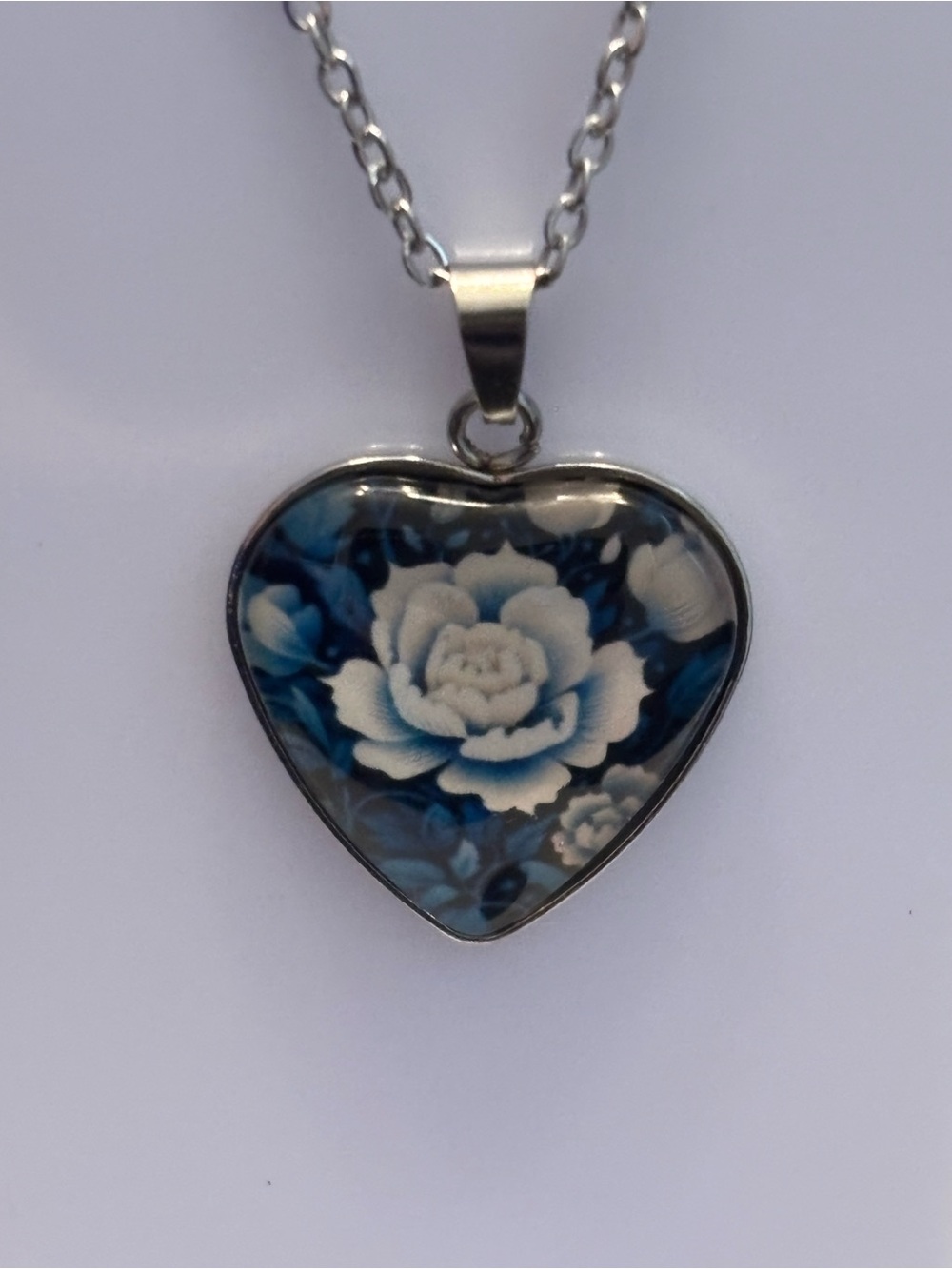 Silver Tone Heart Pendant Necklace, Blue Rose Dome Cabochon, Glass, Cable Chain